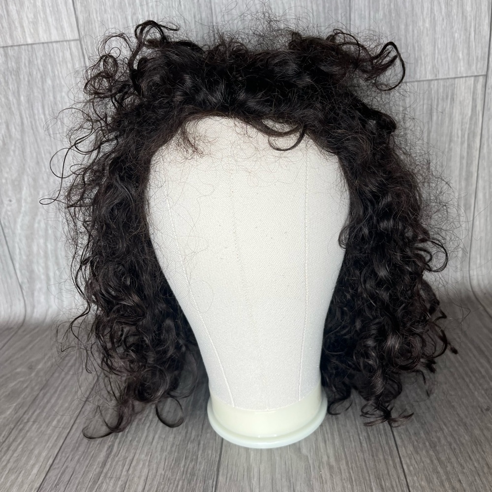 Used Curly Human Hair wig 16 inches 1B Dark Brown NEEDS TLC Good Condition A5